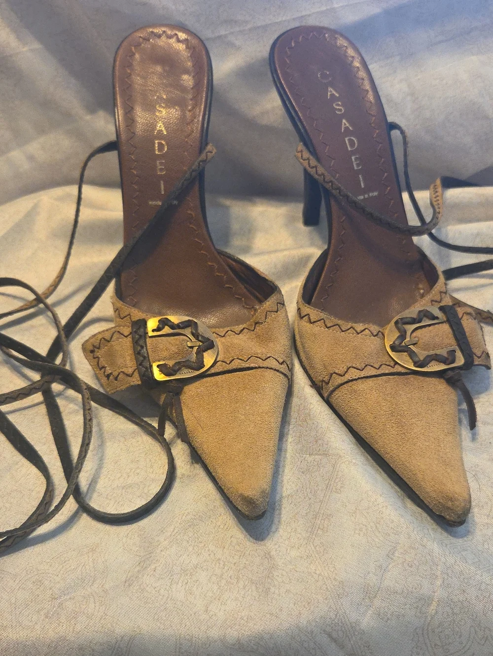 Casadei Tan Suede Pointed-Toe Lace-Up Heels with Gold Buckle